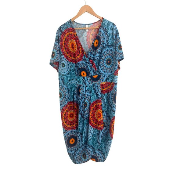 Teal Multi-Color Medallion Print Faux-Wrap Stretch Knit Dress Size 4XL Plus Size - Picture 7 of 7
